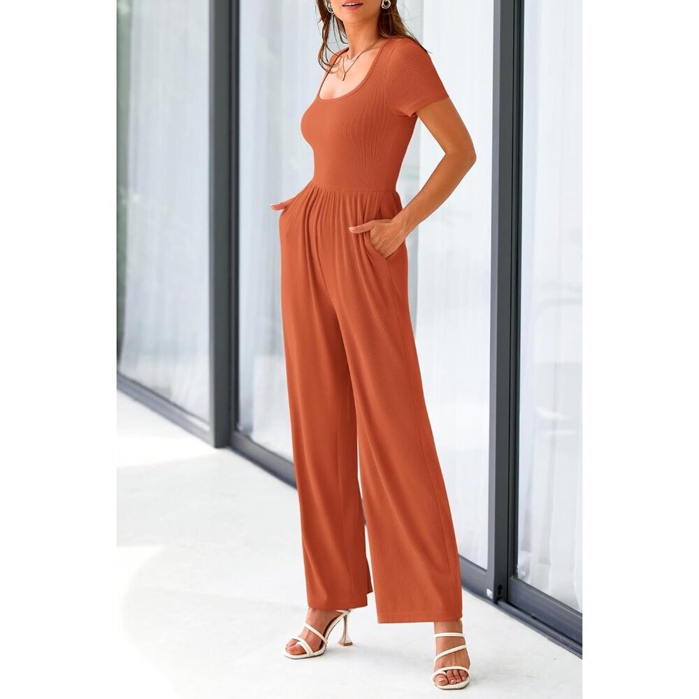 Women's Brick Red Summer Short Sleeve Square Neck Wide Leg Rompers Jumpsuits - Picture 7 of 8